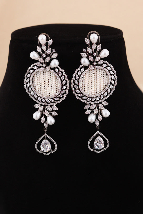  Multi Layered Pearl Statement Mala Necklace Set With A Sparkling Centerpiece And Matching Large Earrings In Black Polish (MA001-BL)