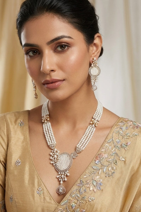  Multi Layered Pearl Statement Mala Necklace Set With A Sparkling Centerpiece And Matching Large Earrings In Gold Polish (MA001-G)