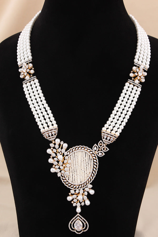  Multi Layered Pearl Statement Mala Necklace Set With A Sparkling Centerpiece And Matching Large Earrings In Gold Polish (MA001-G)