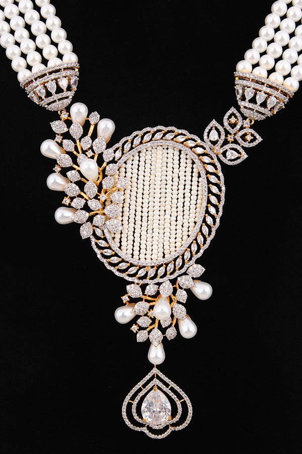  Multi Layered Pearl Statement Mala Necklace Set With A Sparkling Centerpiece And Matching Large Earrings In Gold Polish (MA001-G)