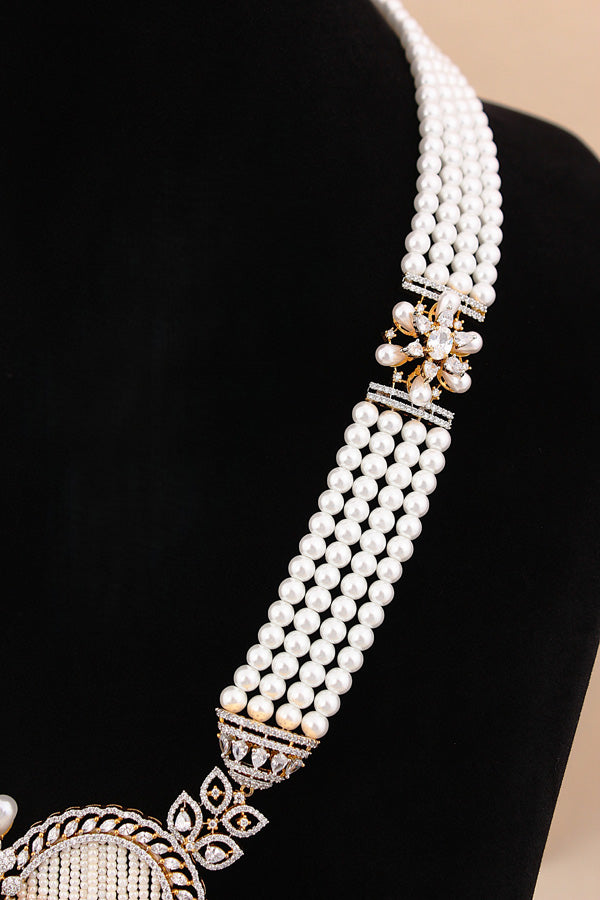  Multi Layered Pearl Statement Mala Necklace Set With A Sparkling Centerpiece And Matching Large Earrings In Gold Polish (MA001-G)