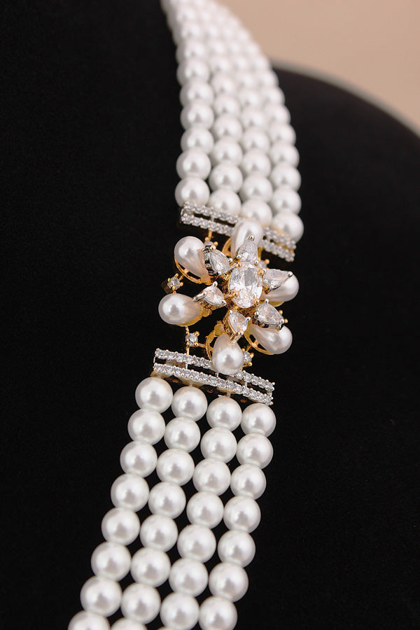  Multi Layered Pearl Statement Mala Necklace Set With A Sparkling Centerpiece And Matching Large Earrings In Gold Polish (MA001-G)