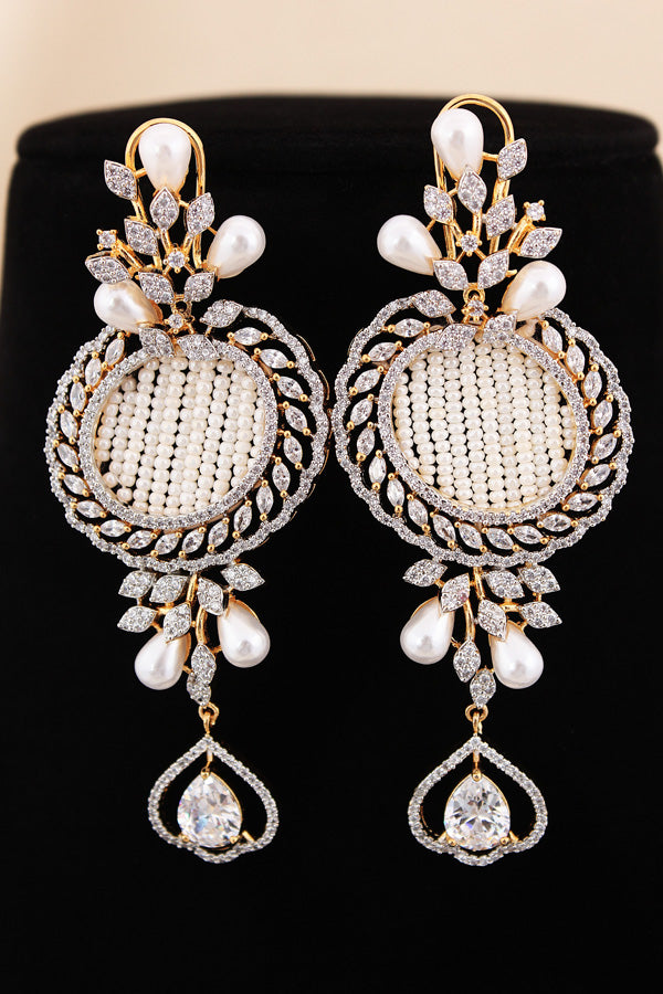  Multi Layered Pearl Statement Mala Necklace Set With A Sparkling Centerpiece And Matching Large Earrings In Gold Polish (MA001-G)