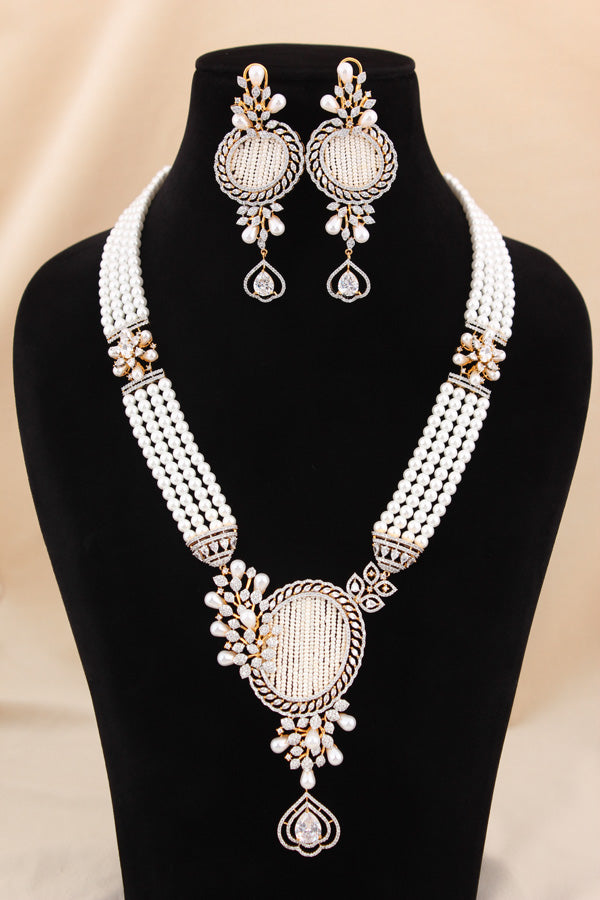  Multi Layered Pearl Statement Mala Necklace Set With A Sparkling Centerpiece And Matching Large Earrings In Gold Polish (MA001-G)
