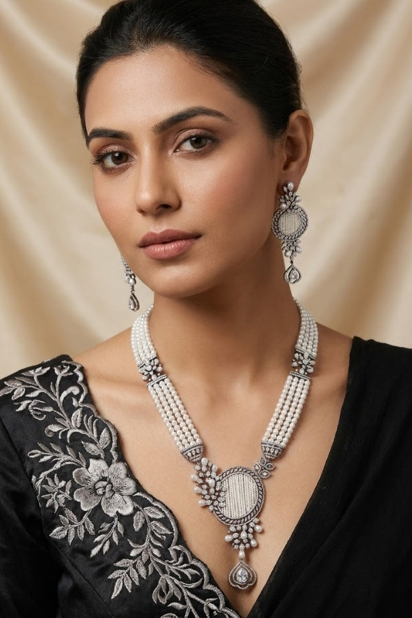  Multi Layered Pearl Statement Mala Necklace Set With A Sparkling Centerpiece And Matching Large Earrings In Silver Polish (MA001-S)