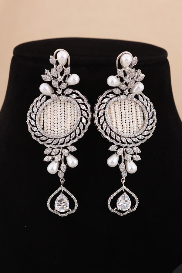  Multi Layered Pearl Statement Mala Necklace Set With A Sparkling Centerpiece And Matching Large Earrings In Silver Polish (MA001-S)