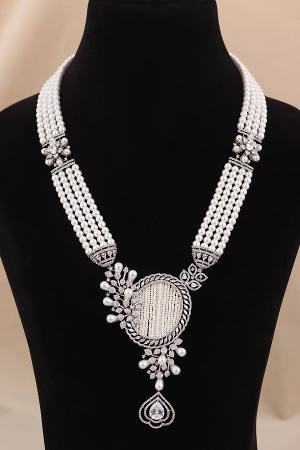  Multi Layered Pearl Statement Mala Necklace Set With A Sparkling Centerpiece And Matching Large Earrings In Silver Polish (MA001-S)