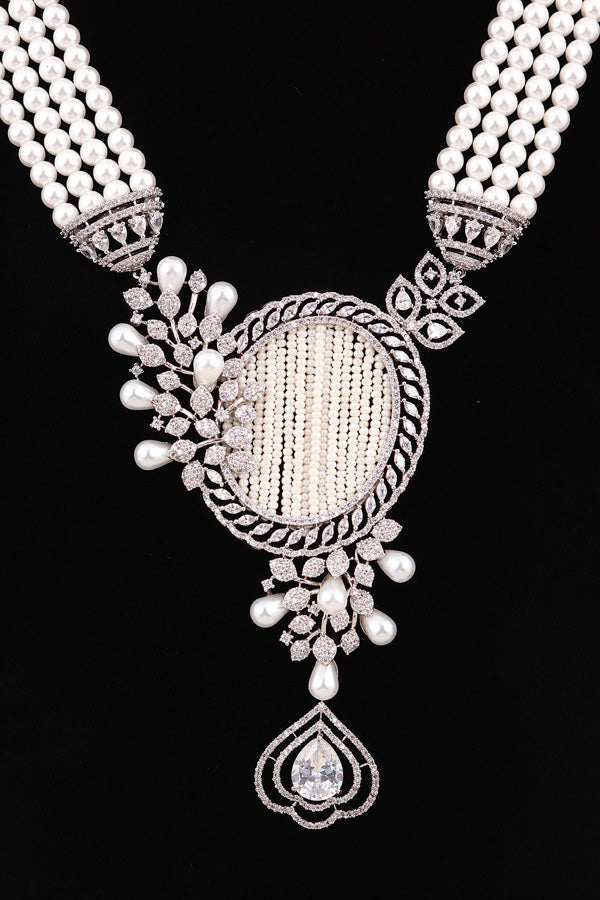 Multi Layered Pearl Statement Mala Necklace Set With A Sparkling Centerpiece And Matching Large Earrings In Silver Polish (MA001-S)