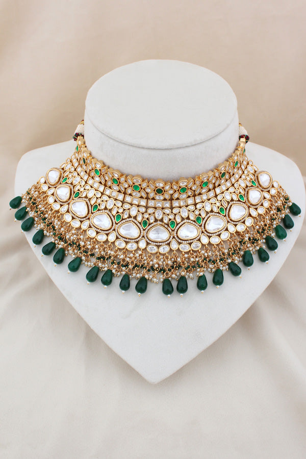 Necklace In Gold Polish With Kundan And Green Color Pearls Attached Also Large Earrings And Tikka(NK004-G-K-B1)