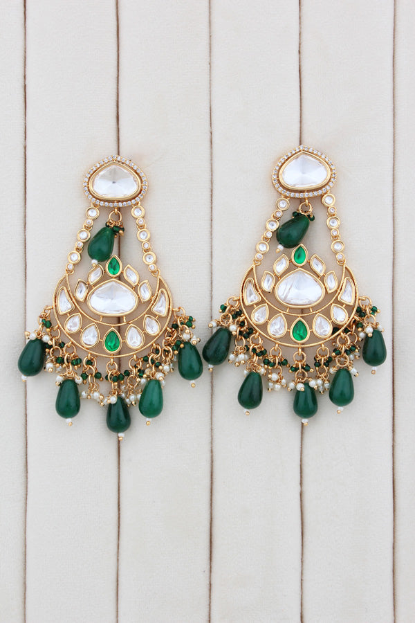 Necklace In Gold Polish With Kundan And Green Color Pearls Attached Also Large Earrings And Tikka(NK004-G-K-B1)