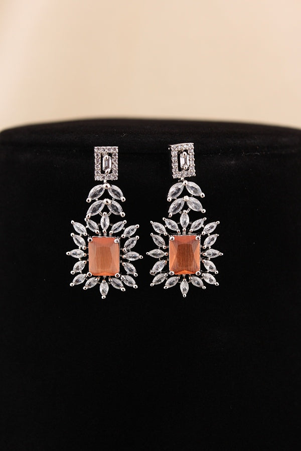 Premium Quality American Diamond Necklace Set With Small Peach Colour Stones And Small Earrings (NS005-AD-PE)