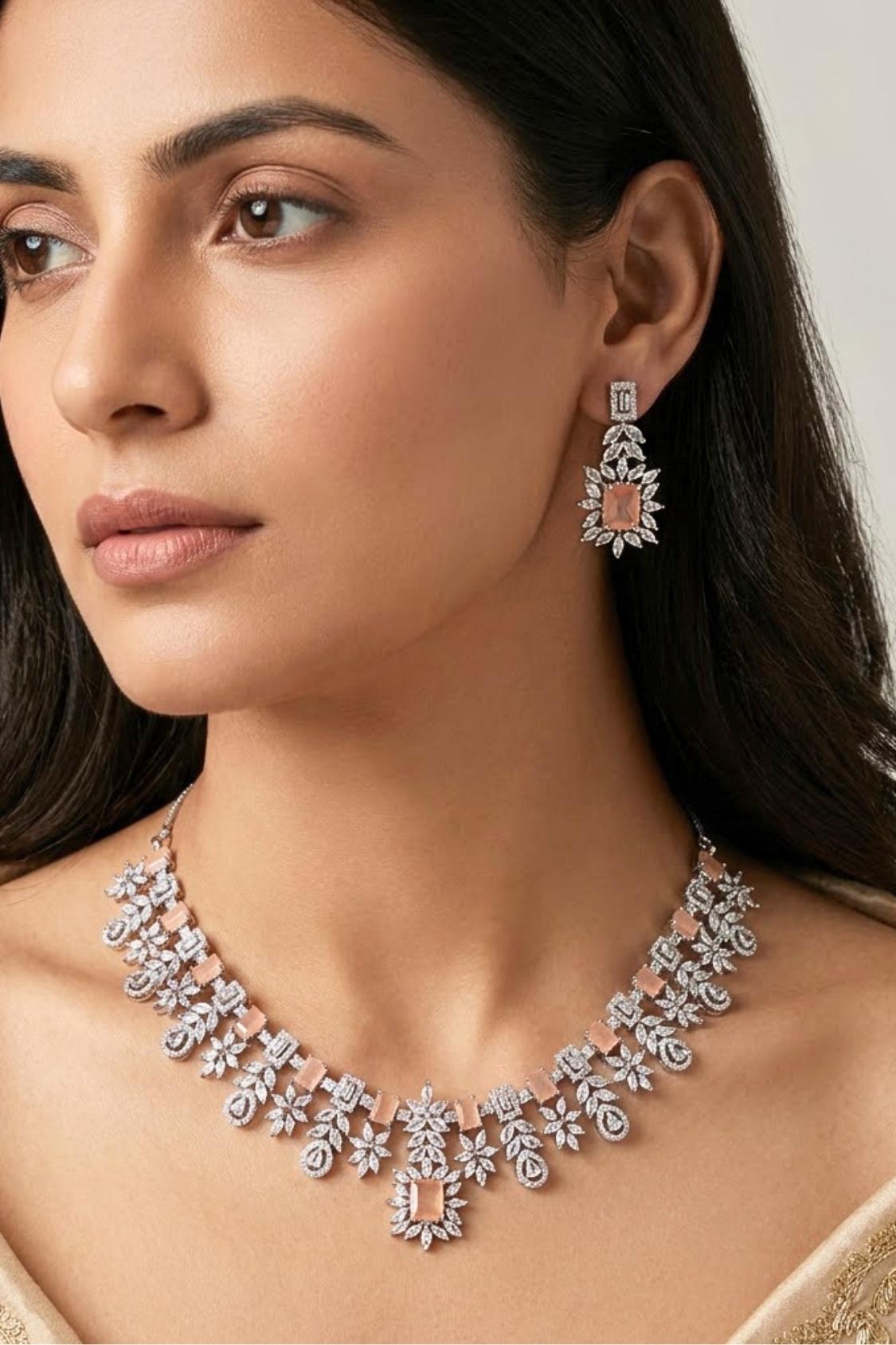 Premium Quality American Diamond Necklace Set With Small Peach Colour Stones And Small Earrings (NS005-AD-PE)