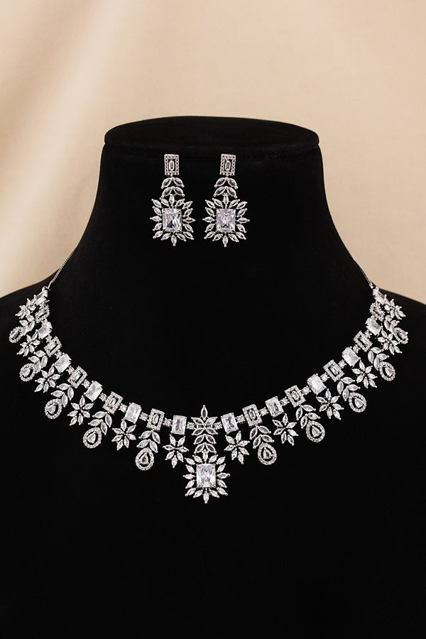 Premium Quality American Diamond Necklace Set With Small White Colour Stones And Small Earrings (NS005-AD-RG)