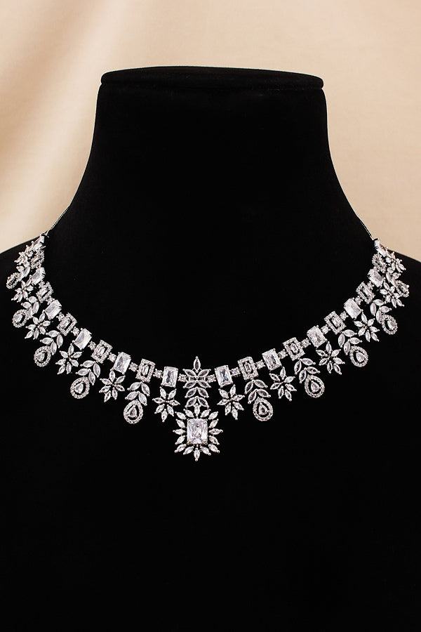 Premium Quality American Diamond Necklace Set With Small White Colour Stones And Small Earrings (NS005-AD-RG)