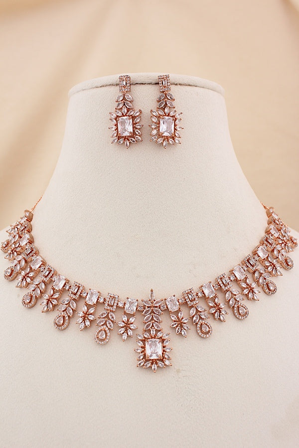 Premium Quality American Diamond Necklace Set With Small Silver Colour Stones And Small Earrings (NS005-AD-S)