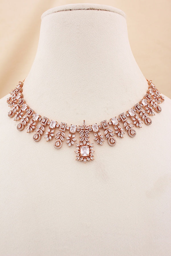Premium Quality American Diamond Necklace Set With Small Silver Colour Stones And Small Earrings (NS005-AD-S)