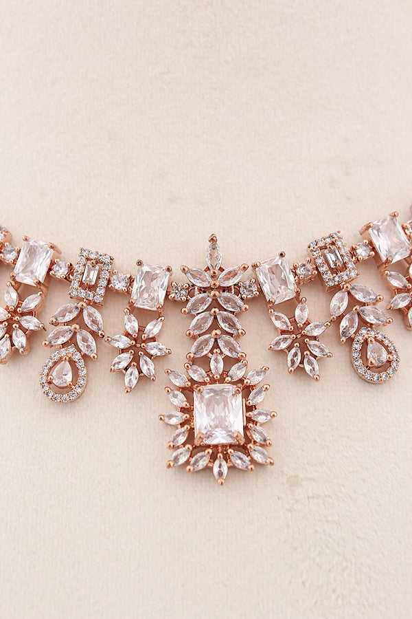 Premium Quality American Diamond Necklace Set With Small Silver Colour Stones And Small Earrings (NS005-AD-S)
