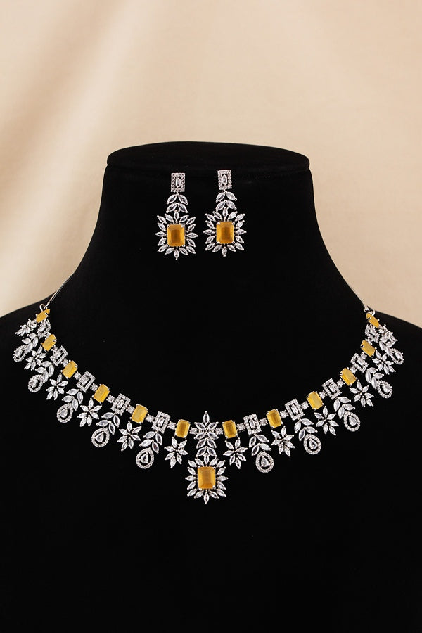 Premium Quality American Diamond Necklace Set With Small Yellow Colour Stones And Small Earrings (NS005-AD-Y)