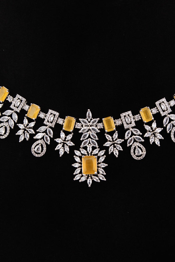 Premium Quality American Diamond Necklace Set With Small Yellow Colour Stones And Small Earrings (NS005-AD-Y)