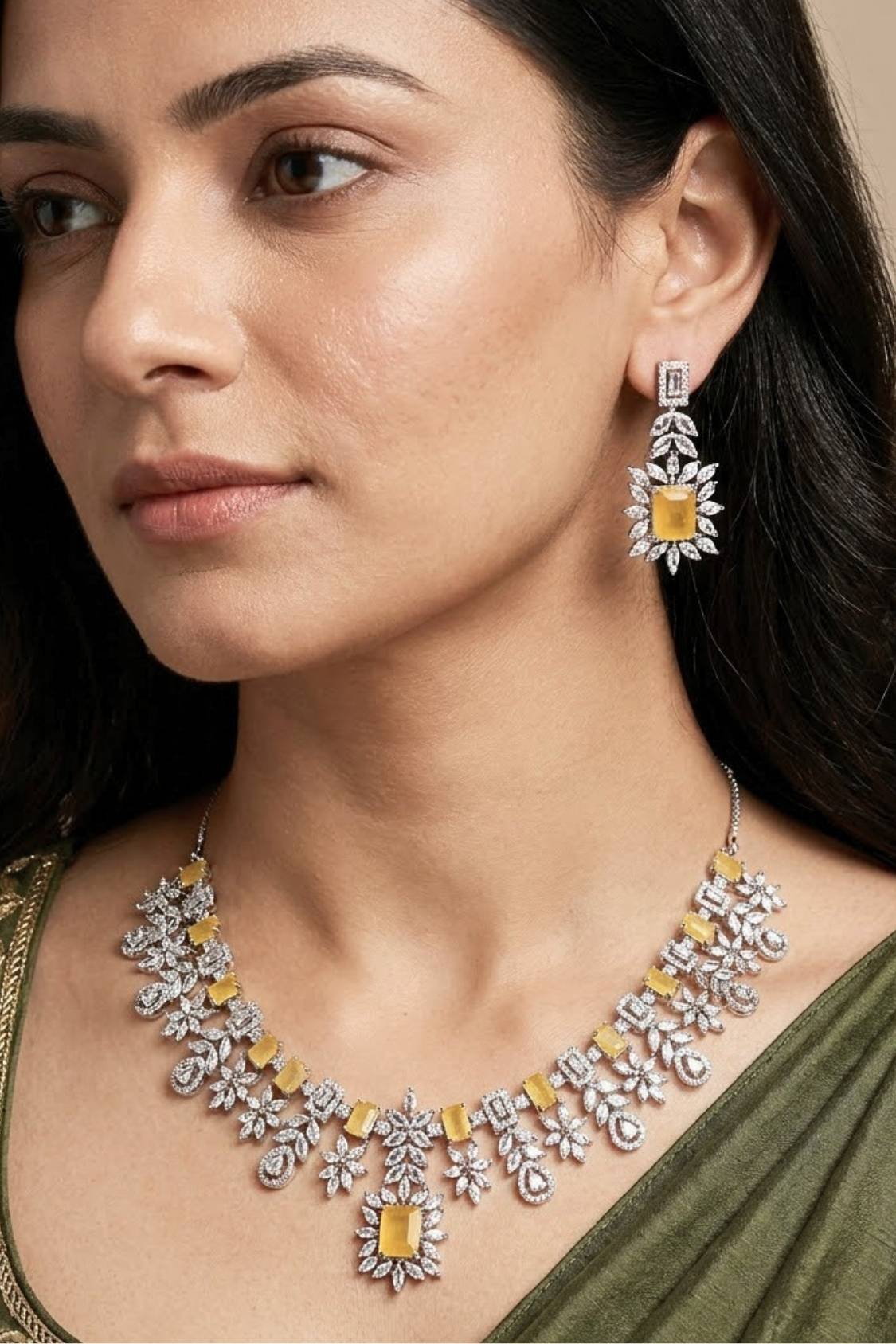 Premium Quality American Diamond Necklace Set With Small Yellow Colour Stones And Small Earrings (NS005-AD-Y)