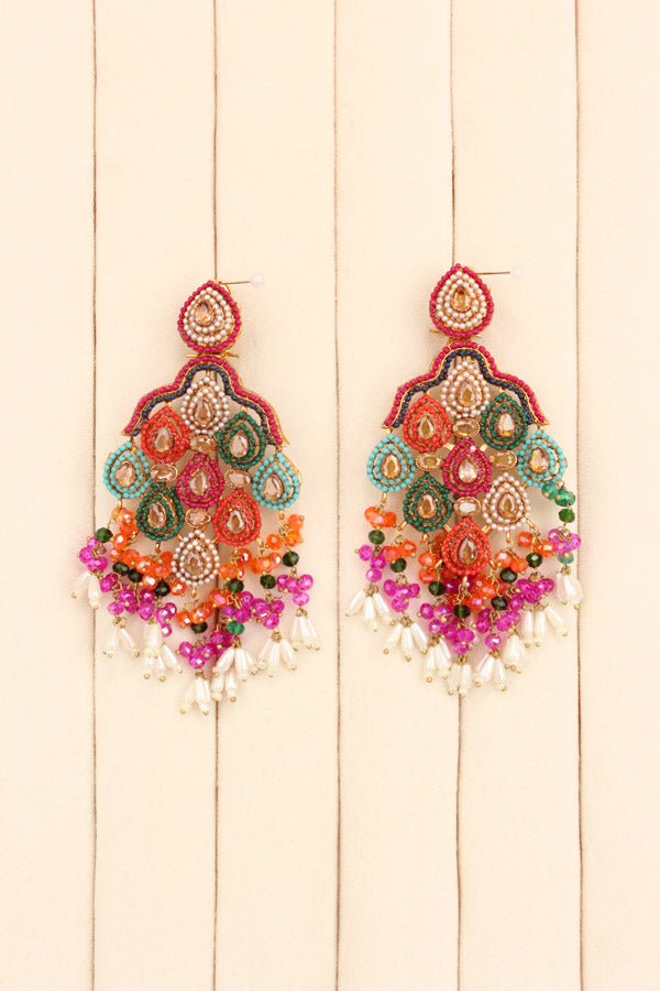 Pakistani Danglers With Multi Colours And White Pearls Attached With Gold Colour Center Stone (PKE002-GO)