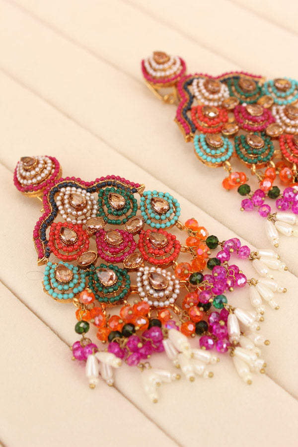 Pakistani Danglers With Multi Colours And White Pearls Attached With Gold Colour Center Stone (PKE002-GO)