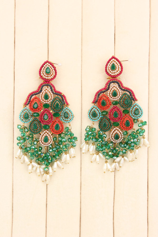 Pakistani Danglers With Multi Colours And White Pearls Attached With Green Colour Center Stone (PKE002-G)
