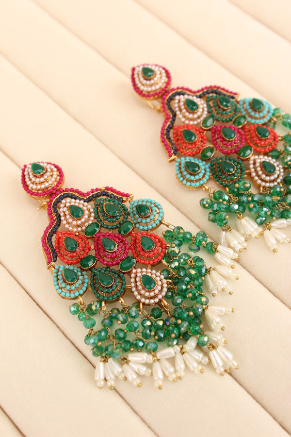 Pakistani Danglers With Multi Colours And White Pearls Attached With Green Colour Center Stone (PKE002-G)