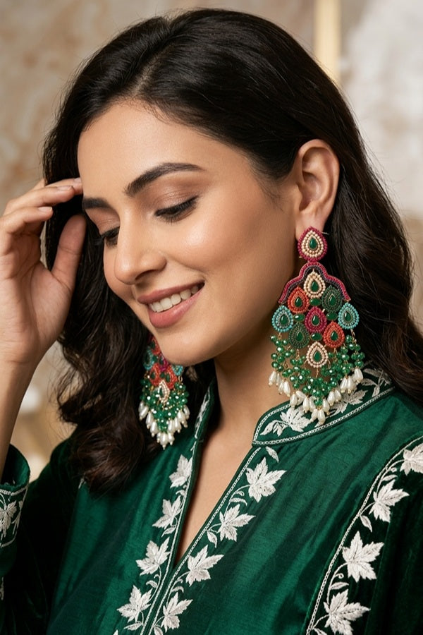 Pakistani Danglers With Multi Colours And White Pearls Attached With Green Colour Center Stone (PKE002-G)