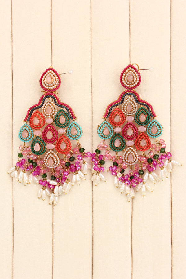 Pakistani Danglers With Multi Colours And White Pearls Attached With Pink Colour Center Stone (PKE002-P)