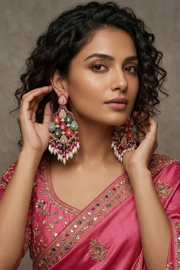 Pakistani Danglers With Multi Colours And White Pearls Attached With Pink Colour Center Stone (PKE002-P)