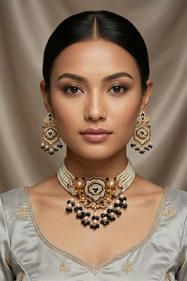 Pakistani Fashionable Choker Set With Flower Design And Black Colour Stones With Matching Large Earrings (IGPKCS001)