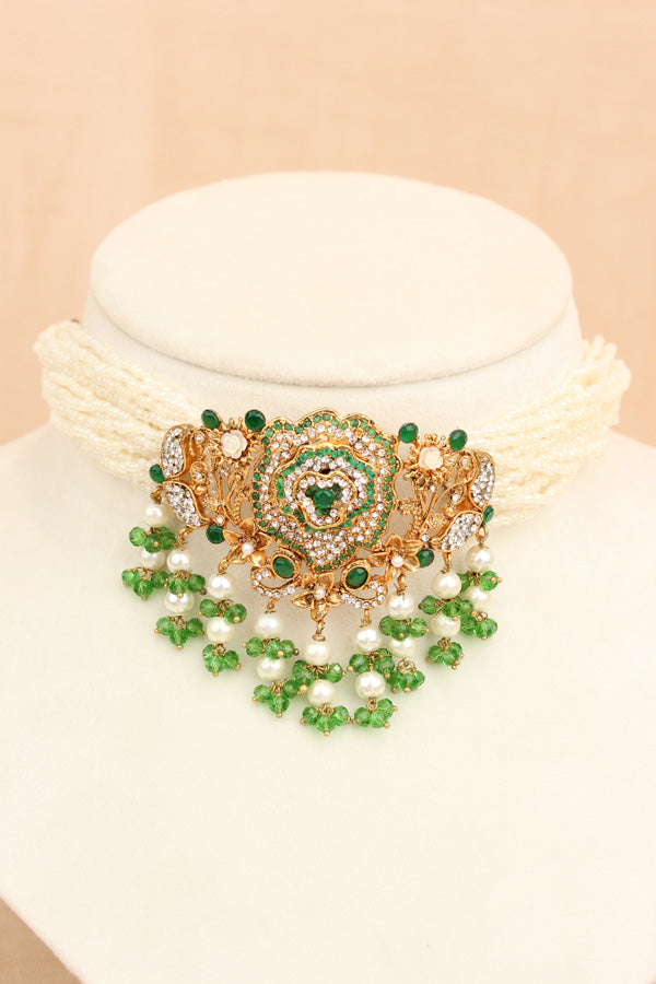 Pakistani Fashionable Choker Set With Flower Design And Green Colour Stones With Matching Large Earrings (IGPKCS001)