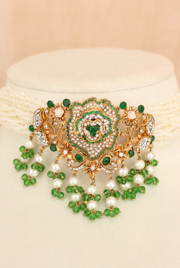 Pakistani Fashionable Choker Set With Flower Design And Green Colour Stones With Matching Large Earrings (IGPKCS001)