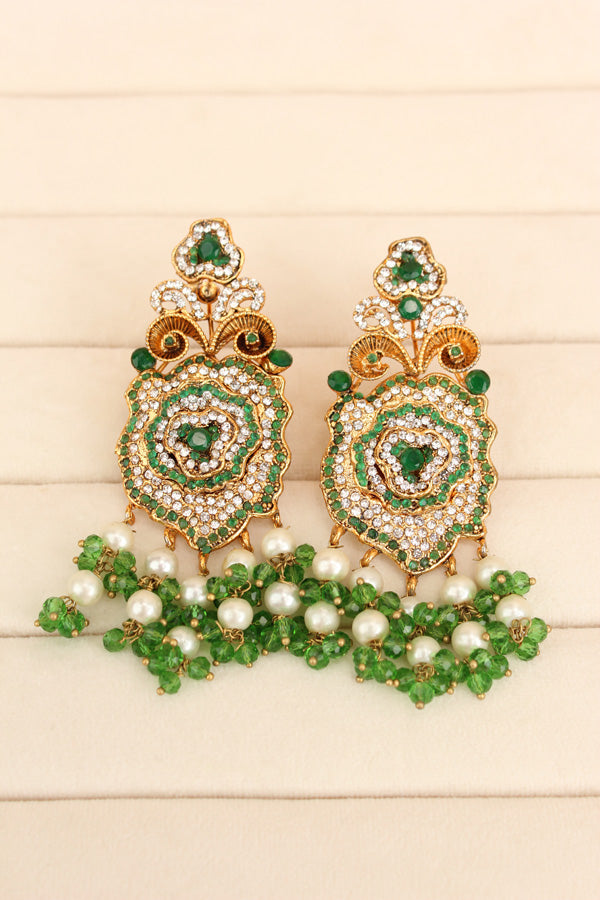 Pakistani Fashionable Choker Set With Flower Design And Green Colour Stones With Matching Large Earrings (IGPKCS001)