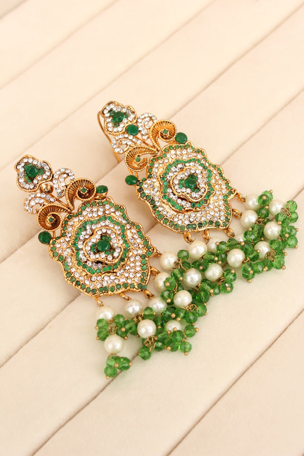 Pakistani Fashionable Choker Set With Flower Design And Green Colour Stones With Matching Large Earrings (IGPKCS001)