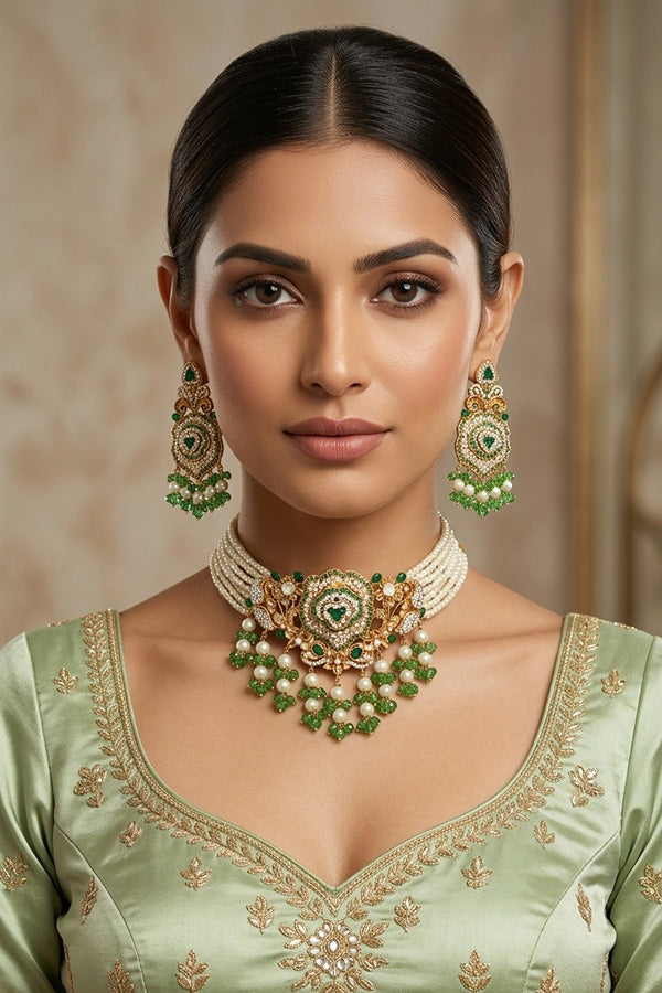 Pakistani Fashionable Choker Set With Flower Design And Green Colour Stones With Matching Large Earrings (IGPKCS001)