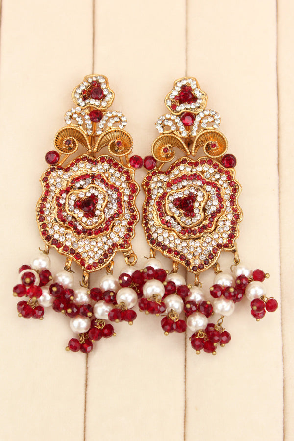 Pakistani Fashionable Choker Set With Flower Design And Red Colour Stones With Matching Large Earrings (IGPKCS001)
