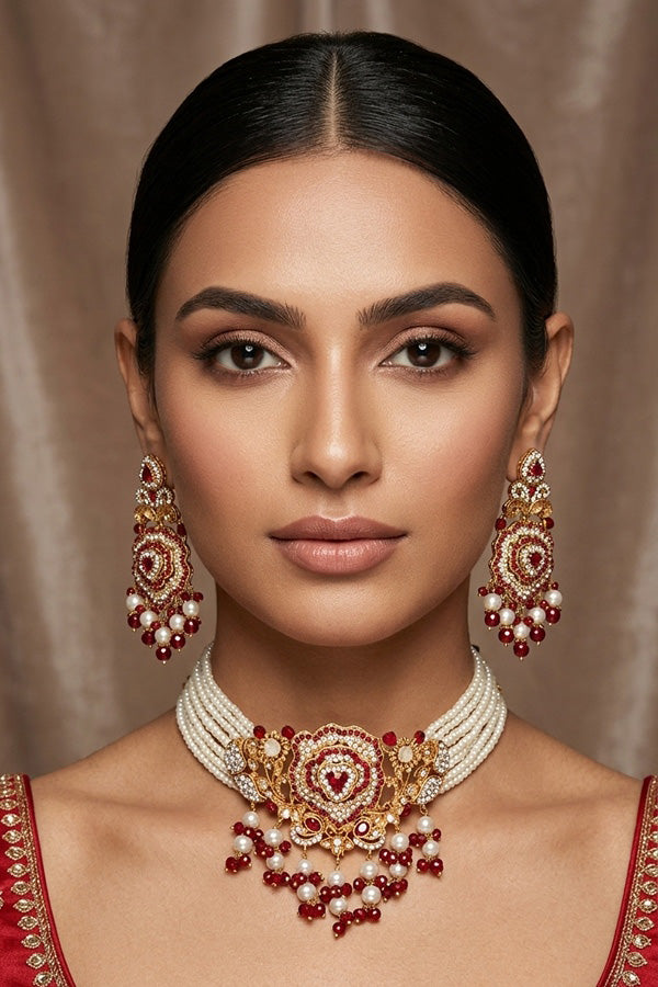 Pakistani Fashionable Choker Set With Flower Design And Red Colour Stones With Matching Large Earrings (IGPKCS001)