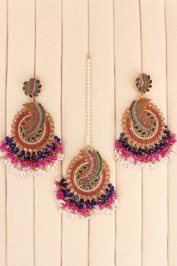 Pakistani Tikka Set In Colours With Blue Colour Center Stones (PKTS001-B)