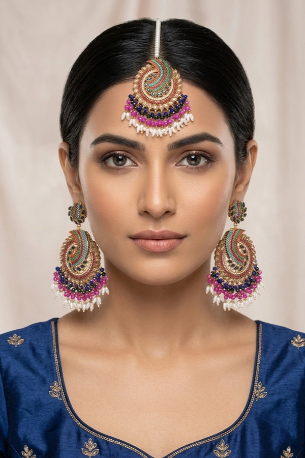 Pakistani Tikka Set In Colours With Blue Colour Center Stones (PKTS001-B)