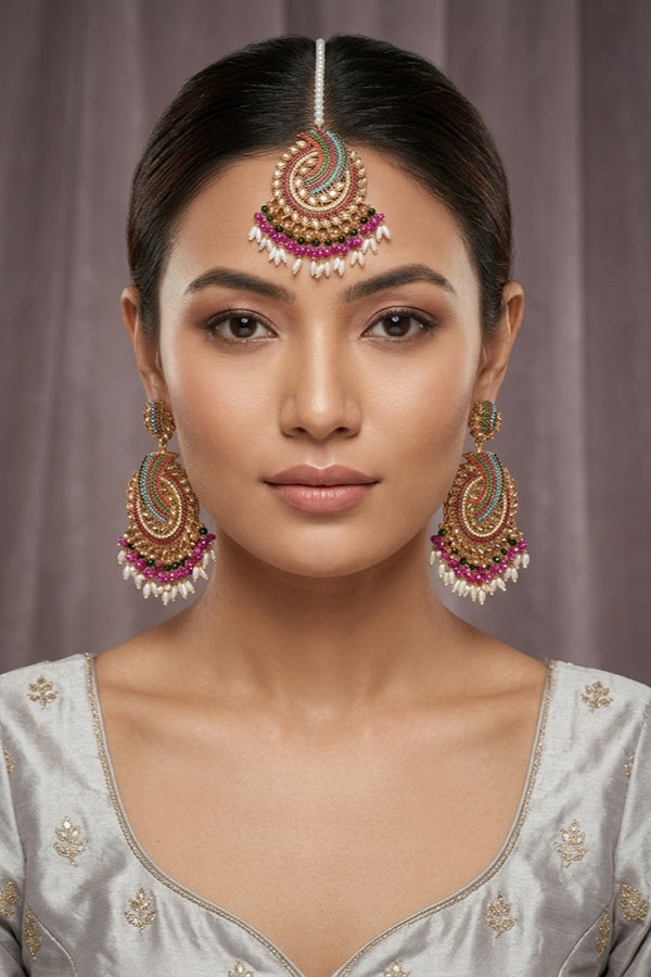 Pakistani Tikka Set In Colours With Gold Colour Center Stones (PKTS001-GO)
