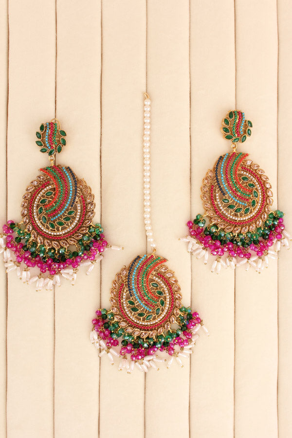 Pakistani Tikka Set In Colours With Green Colour Center Stones (PKTS001-G)