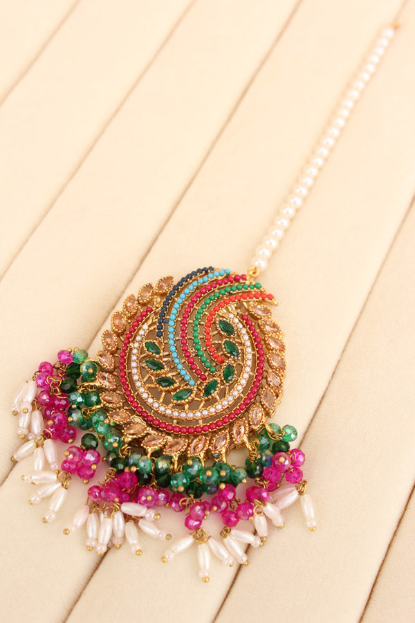 Pakistani Tikka Set In Colours With Green Colour Center Stones (PKTS001-G)