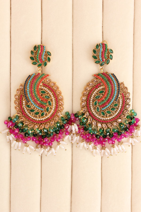 Pakistani Tikka Set In Colours With Green Colour Center Stones (PKTS001-G)