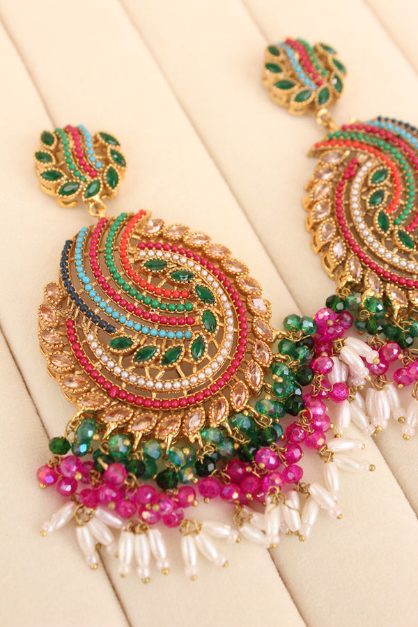 Pakistani Tikka Set In Colours With Green Colour Center Stones (PKTS001-G)