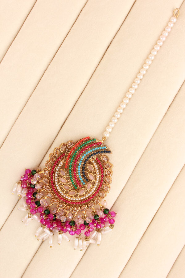 Pakistani Tikka Set In Colours With Pink Colour Center Stones (PKTS001-P)