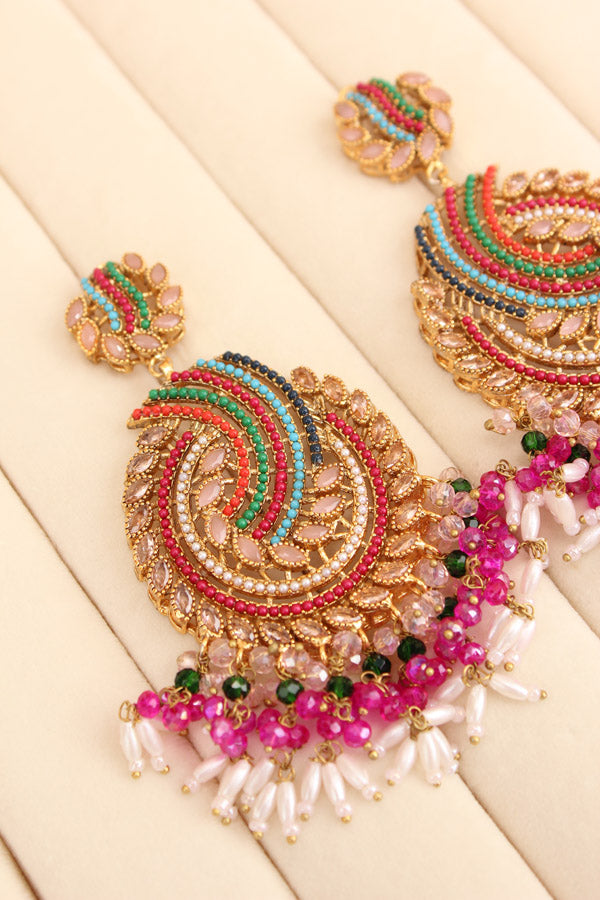 Pakistani Tikka Set In Colours With Pink Colour Center Stones (PKTS001-P)