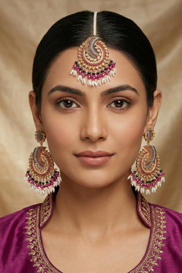 Pakistani Tikka Set In Colours With Pink Colour Center Stones (PKTS001-P)