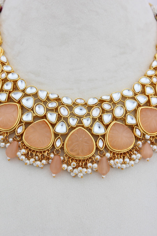 Peach Kundan Necklace Set With Matching Earrings (IGNK008)